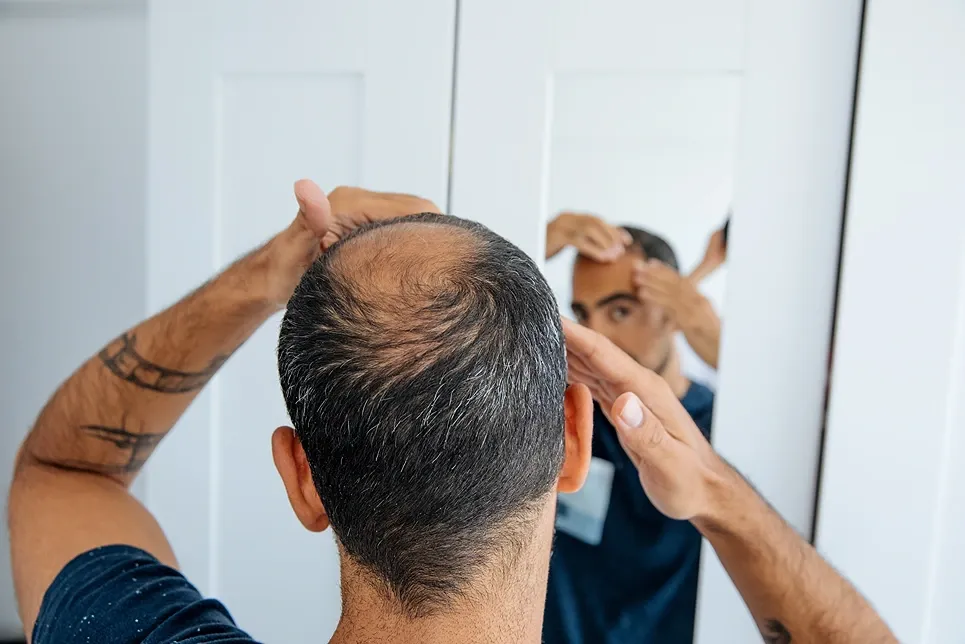 Man checking a thinning crown in the mirror
