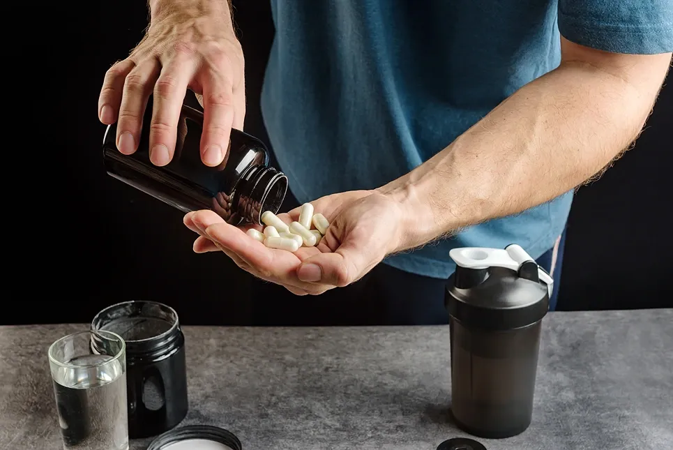 Man pouring supplement capsules into his hand beside a shaker bottle